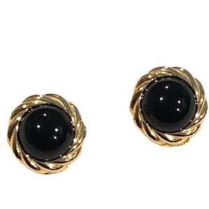 VINTAGE KENNETH JAY LANE GOLD TONE ROPE & BLACK ENAMEL CLIP ON EARRINGS